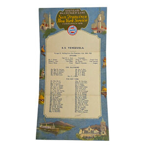 SS Venezuela 1922 Souvenir Passenger List San Francisco To New York Voyage 27